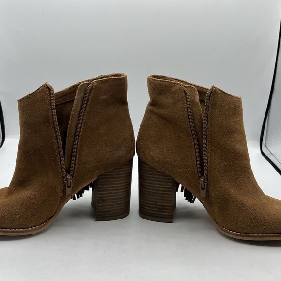 Arturo Chiang Suede Leather Fringe Chunky Heel Booties Boots Tan Camel Boho  7M - Picture 11 of 12